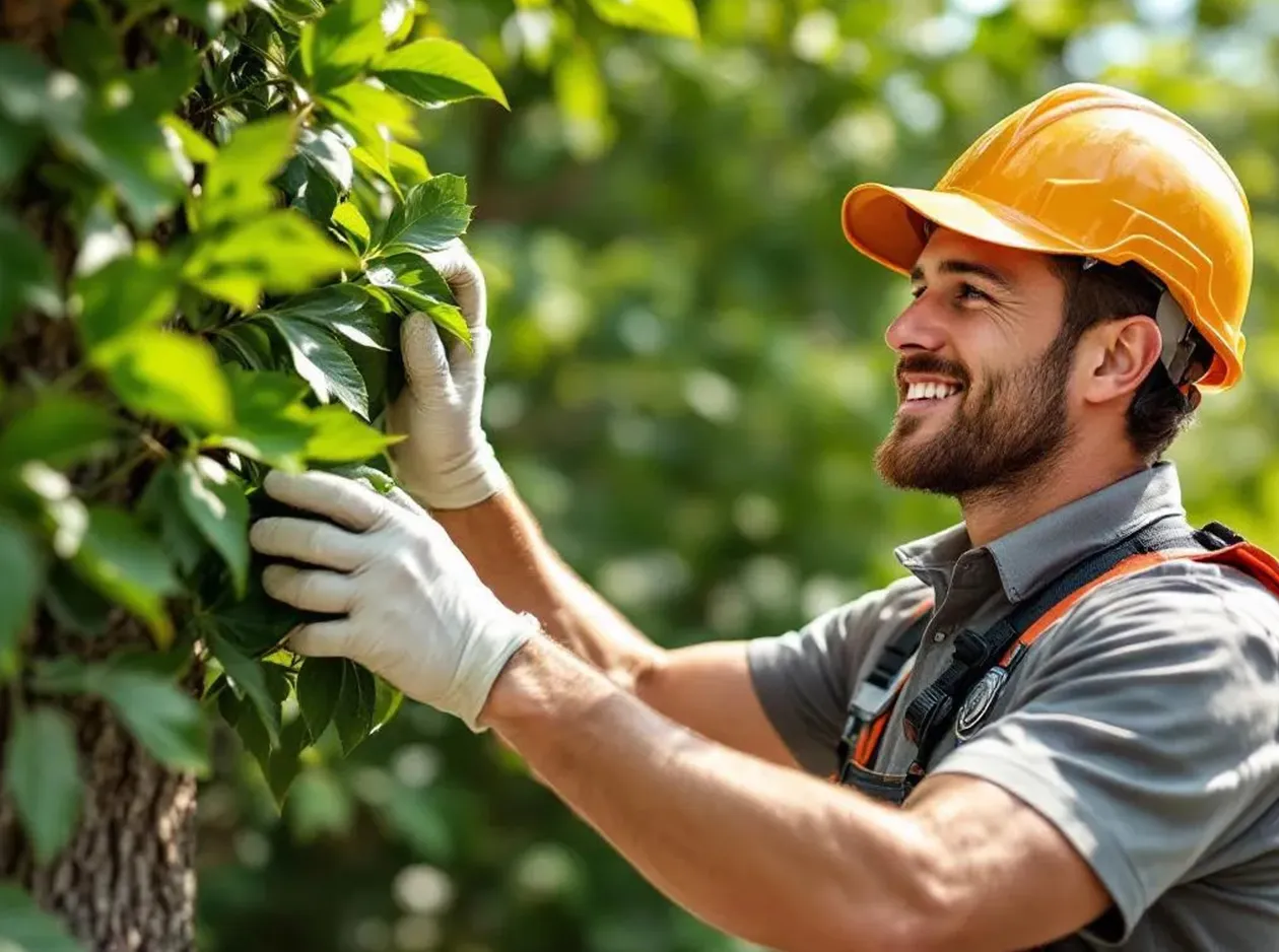 Smiling arborist in a hard hat and gloves gently inspecting healthy tree leaves, demonstrating proper tree care.