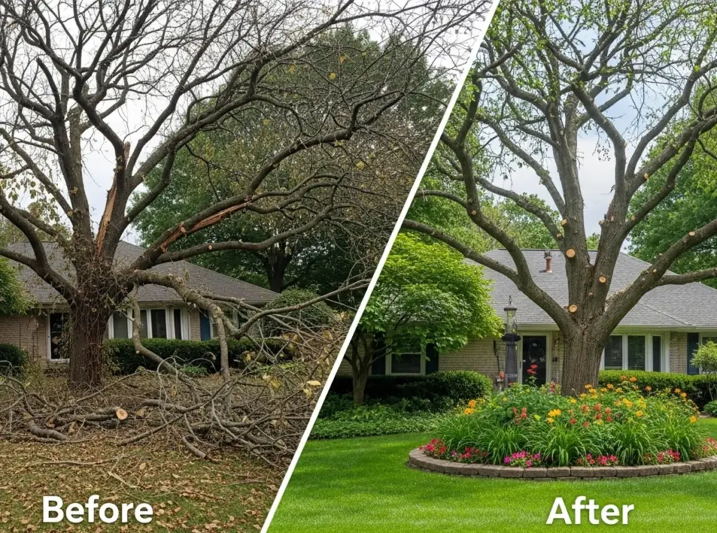 Before and after comparison of a yard, showing a hazardous, overgrown tree removed and replaced with a beautifully pruned tree and landscaping.