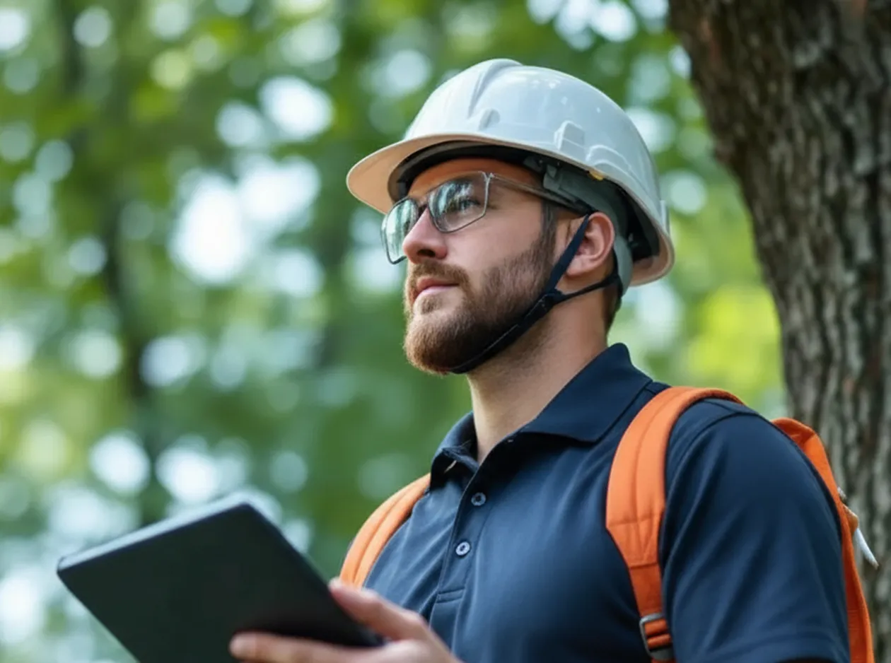 Focused arborist in a hard hat and glasses holding a tablet, carefully assessing a tree for professional service.