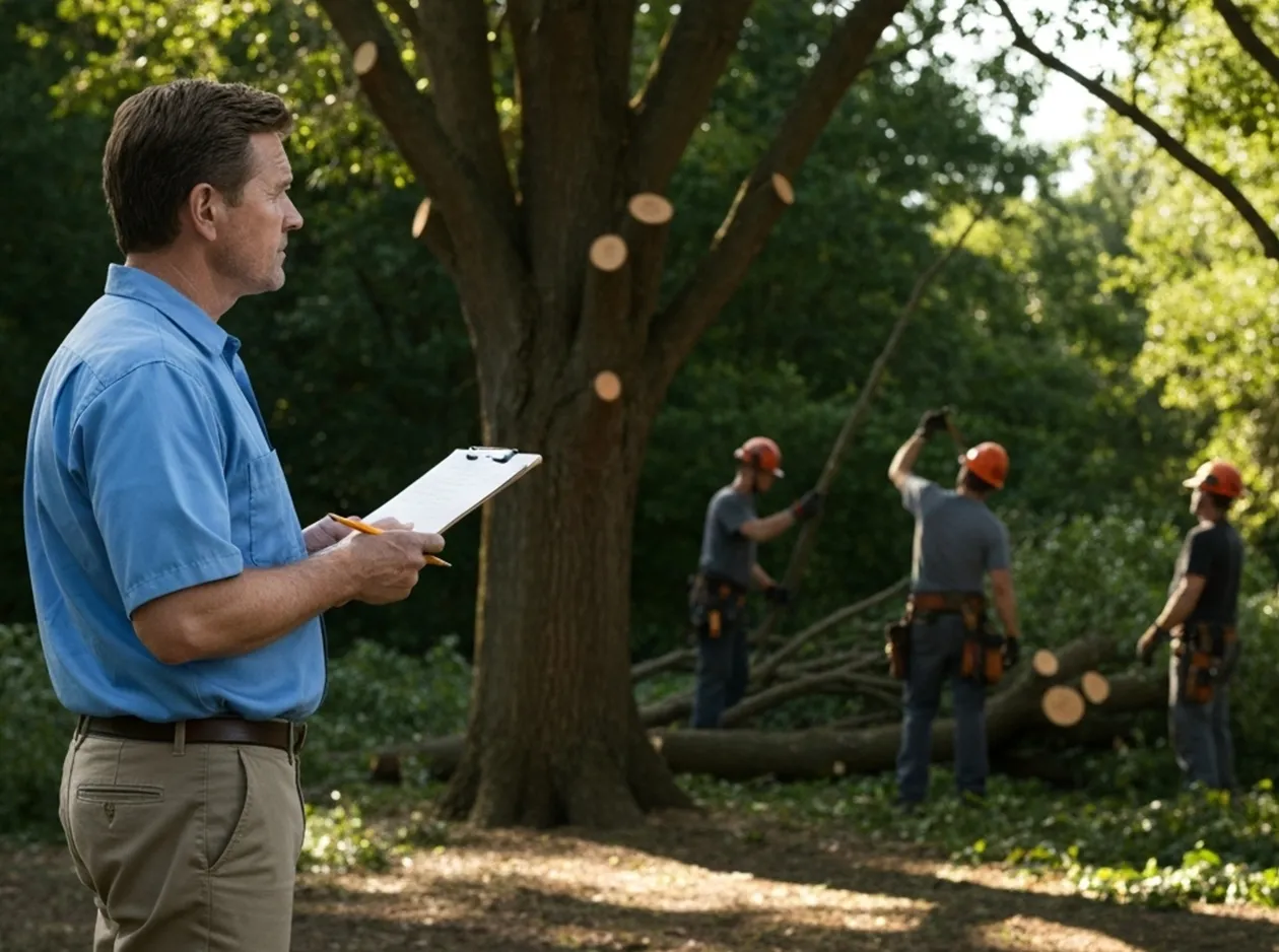 Client reviewing a checklist while a professional tree crew works on a pruned tree in the background.