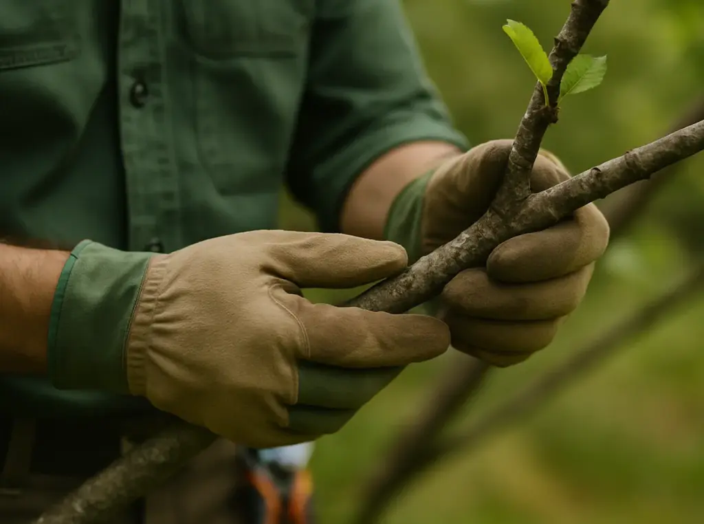 Gloved hands of an arborist carefully inspecting a young tree branch with fresh leaves.