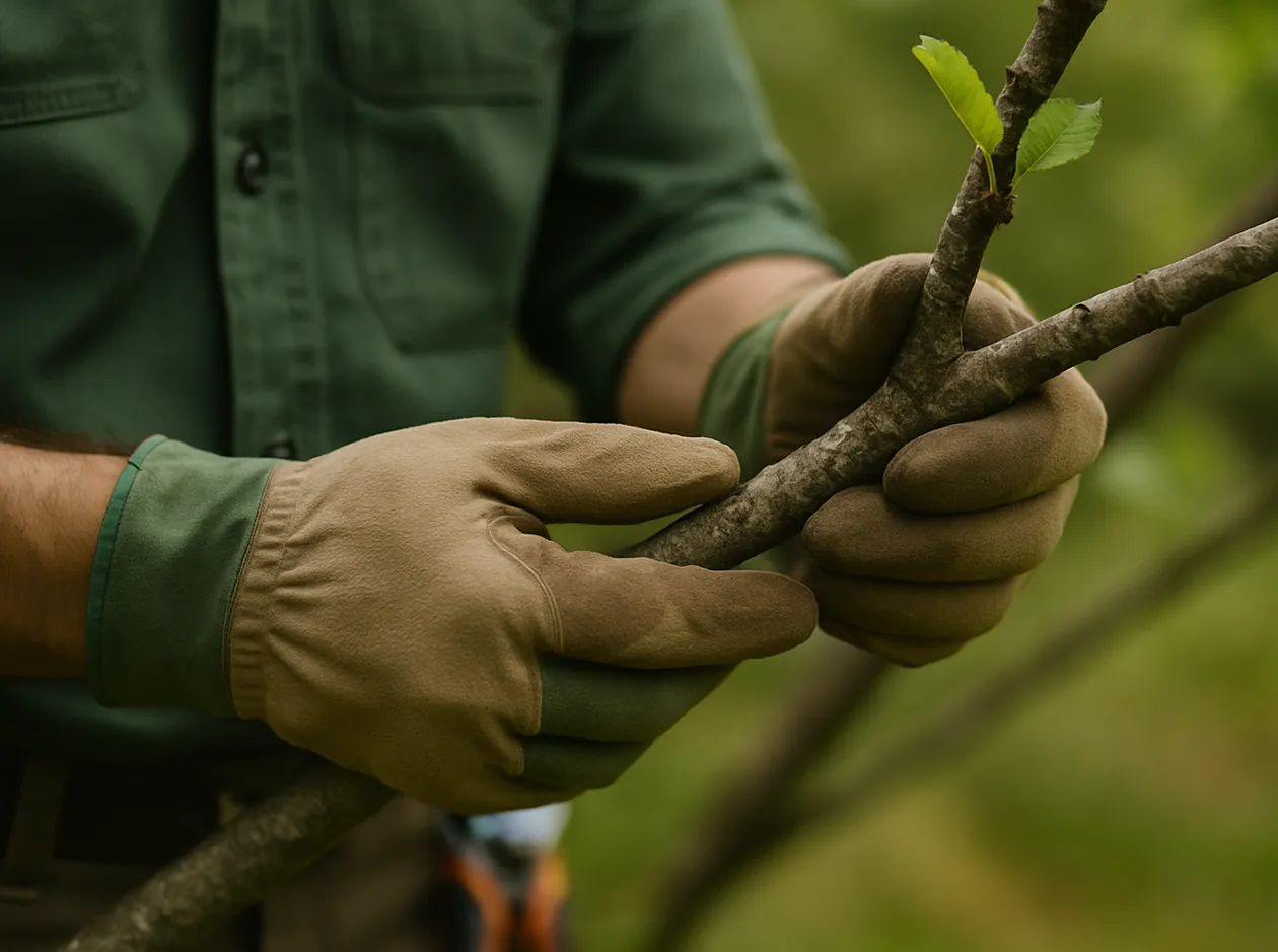 Gloved hands of an arborist carefully inspecting a young tree branch with fresh leaves.