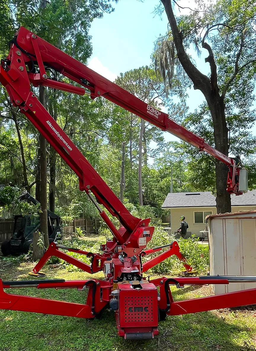 Red articulated spider lift crane extended over a residential backyard, with an arborist in the basket trimming a tall tree. Essential equipment for safe tree trimming services.
