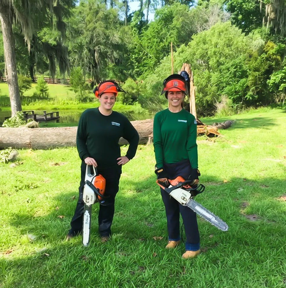 Two female arborists from Evergreen Tree Company, wearing safety gear and holding chainsaws, proudly standing in a green landscape with felled tree logs.