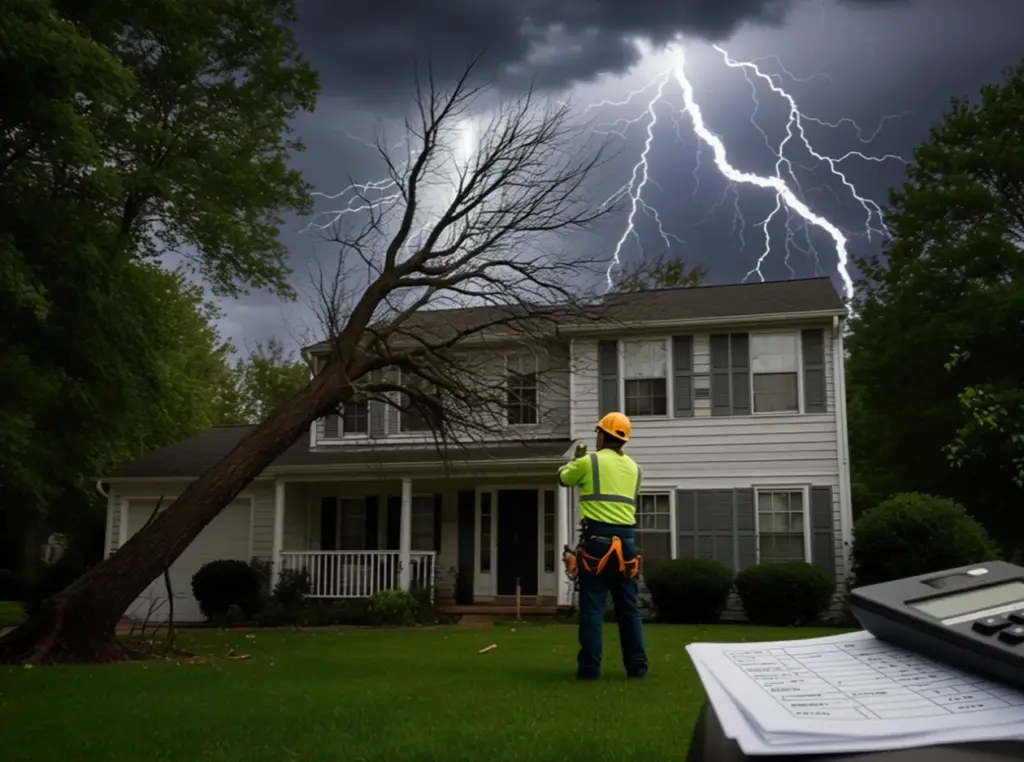 Arborist assessing storm-damaged tree near house with lightning, calculator on foreground representing insurance claims.