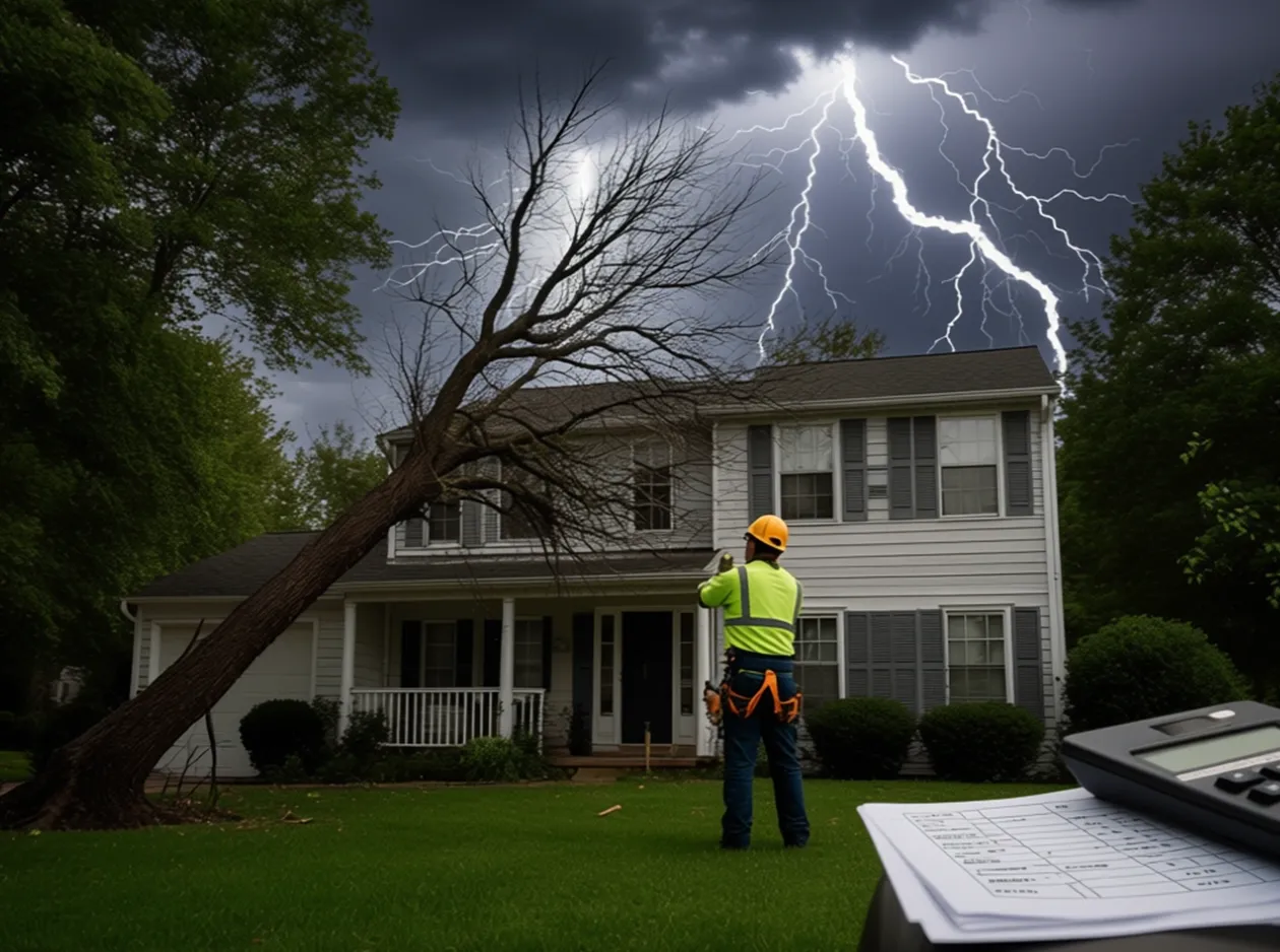 Arborist assessing storm-damaged tree near house with lightning, calculator on foreground representing insurance claims.