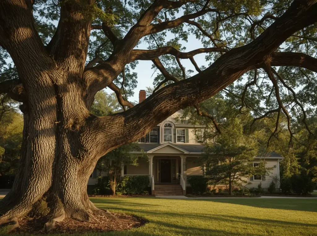 Large, old oak tree with extensive canopy in front of a residential house, highlighting tree health and proximity.